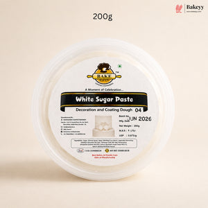 Bakeey white sugar paste container with label on a beige background
