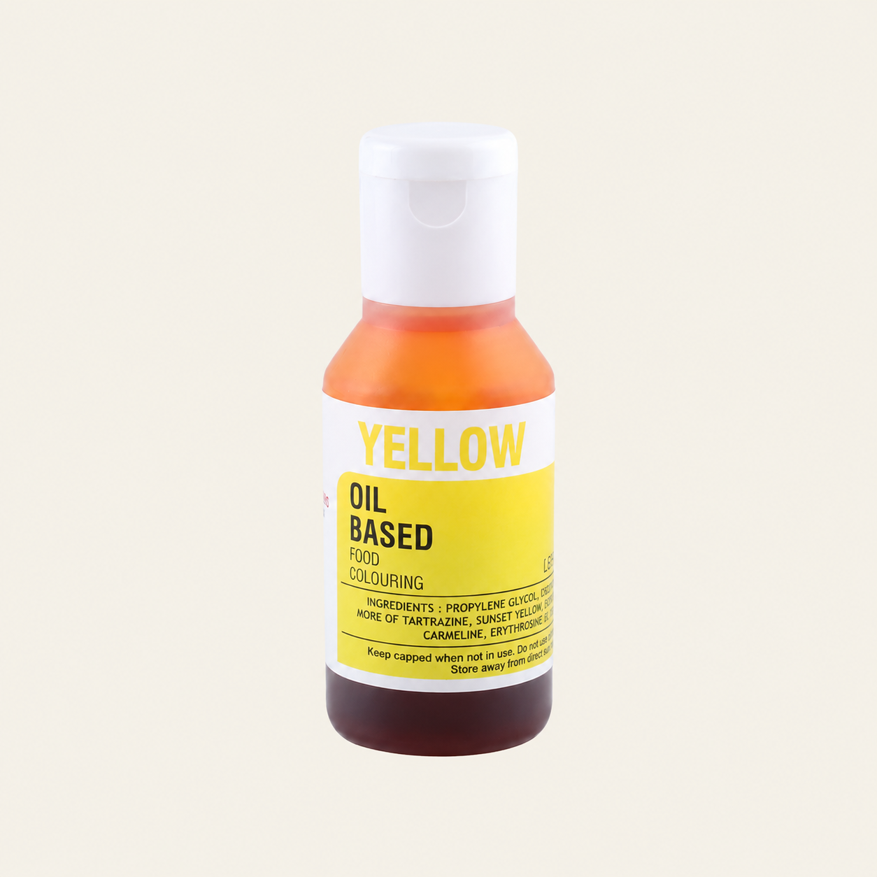 A bottle of Yellow Oil Based Food Colouring with a white cap, featuring a white and yellow label, set against a solid off-white background.