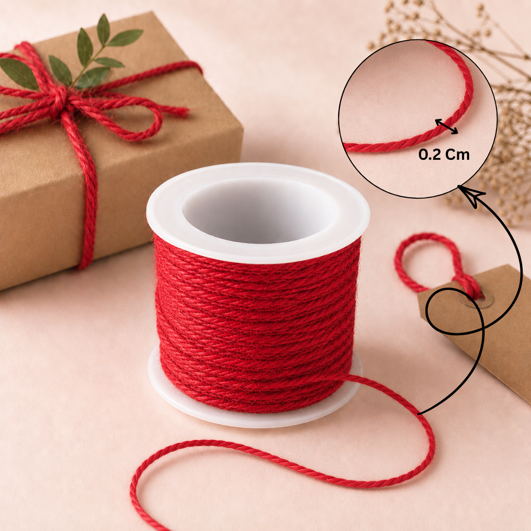 Spool of red string with a gift box tied with red string on a beige background