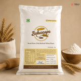 Bakescape bread flour package with wheat stalks and a bowl of flour on a beige background