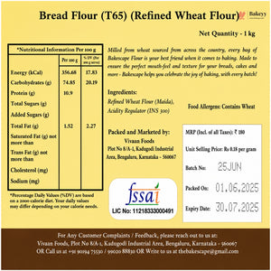 Bread Flour (T65) packaging with nutritional information and contact details.
