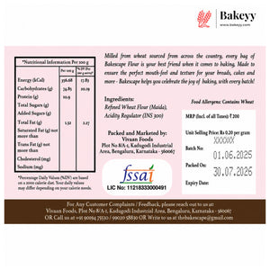 Bakeseyy flour packaging with nutritional information, ingredients, and contact details.