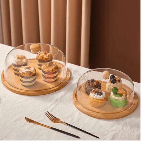 Wooden Cake Stand with Acrylic Dome | Dessert Stand | Cupcake Holder | - Bakeyy.com - India - Wooden Cake Stand with Acrylic Dome | Dessert Stand | Cupcake Holder | - Small (8 Inch)