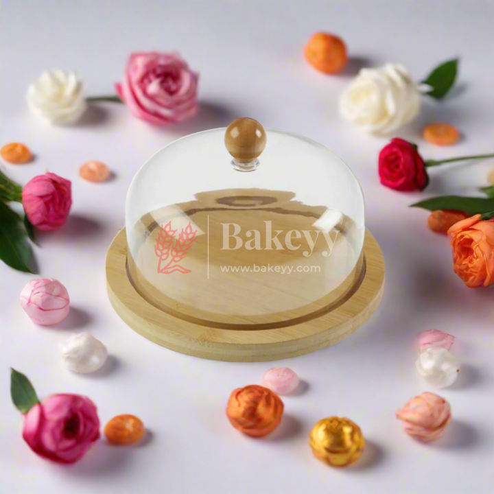 Wooden Cake Stand with Acrylic Dome | Dessert Stand | Cupcake Holder | - Bakeyy.com - India - Wooden Cake Stand with Acrylic Dome | Dessert Stand | Cupcake Holder | - Small (8 Inch)