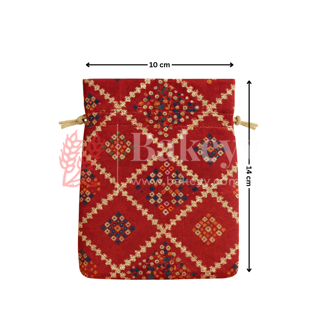 Bandhini Print Potli Bag with Drawstring – Festive Gift Pouch | Red | Pack of 10