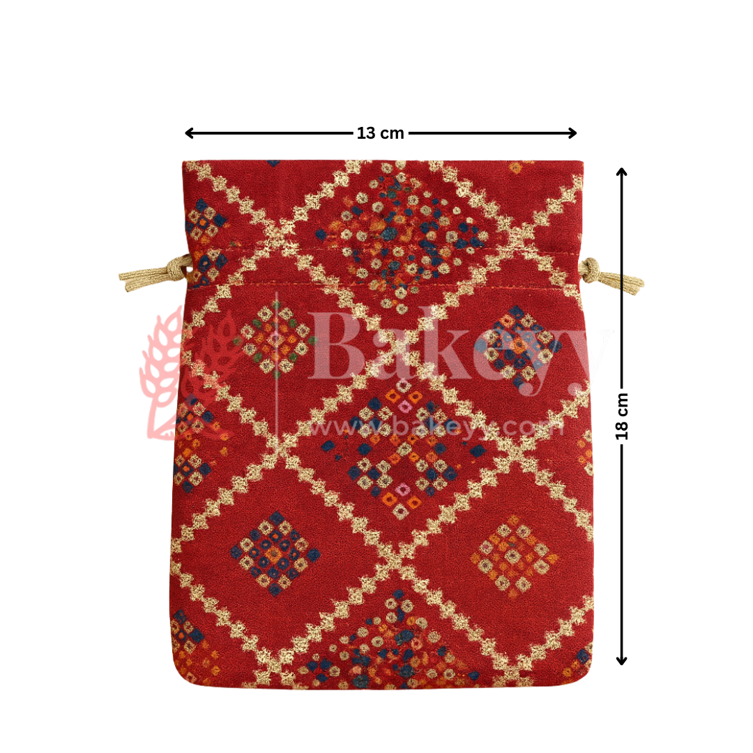 Bandhini Print Potli Bag with Drawstring – Festive Gift Pouch | Red | Pack of 10