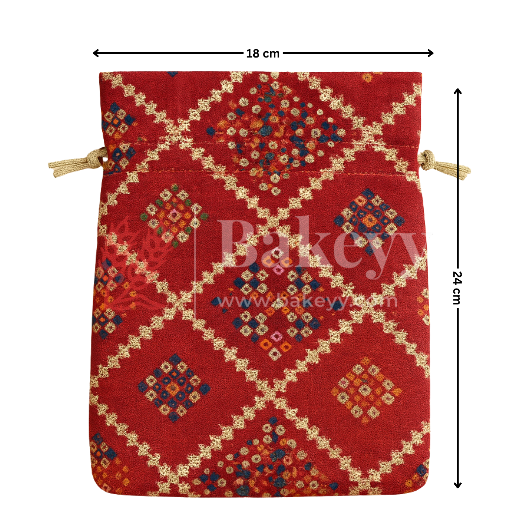 Bandhini Print Potli Bag with Drawstring – Festive Gift Pouch | Red | Pack of 10