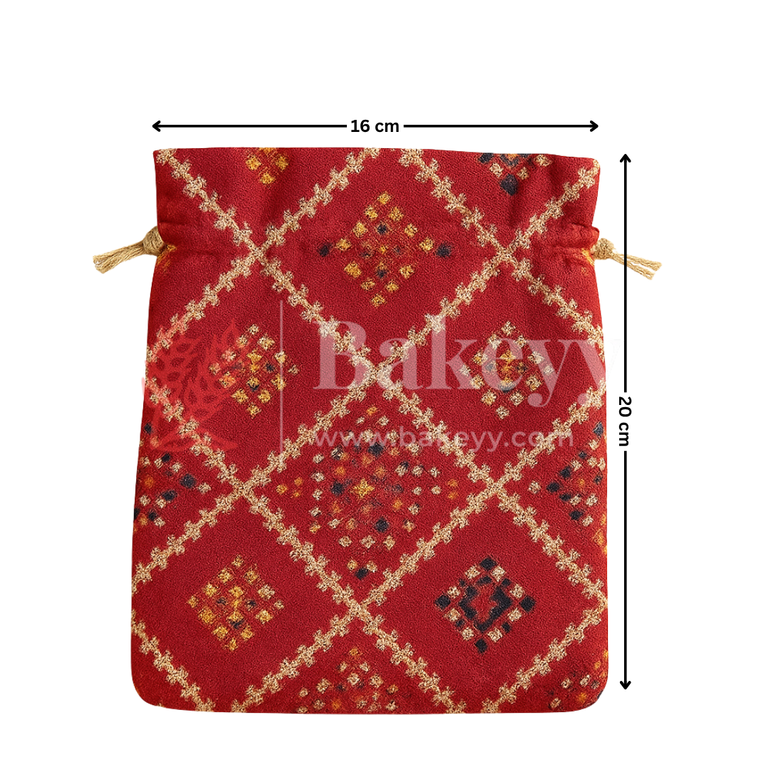 Bandhini Print Potli Bag with Drawstring – Festive Gift Pouch | Dark Pink | Pack of 10