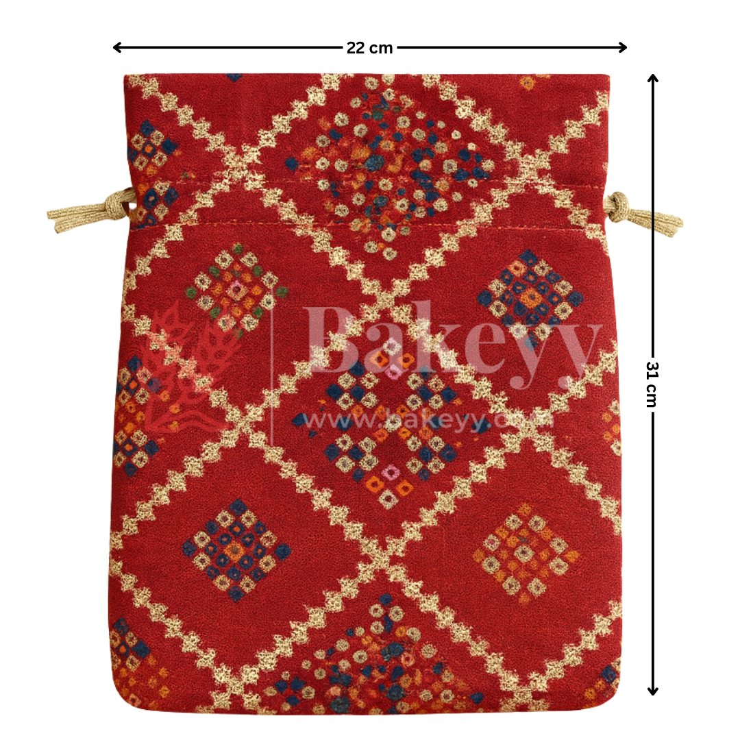 Bandhini Print Potli Bag with Drawstring – Festive Gift Pouch | Red | Pack of 10