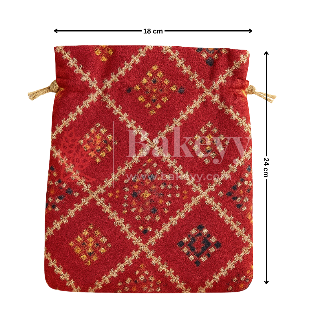 Bandhini Print Potli Bag with Drawstring – Festive Gift Pouch | Dark Pink | Pack of 10