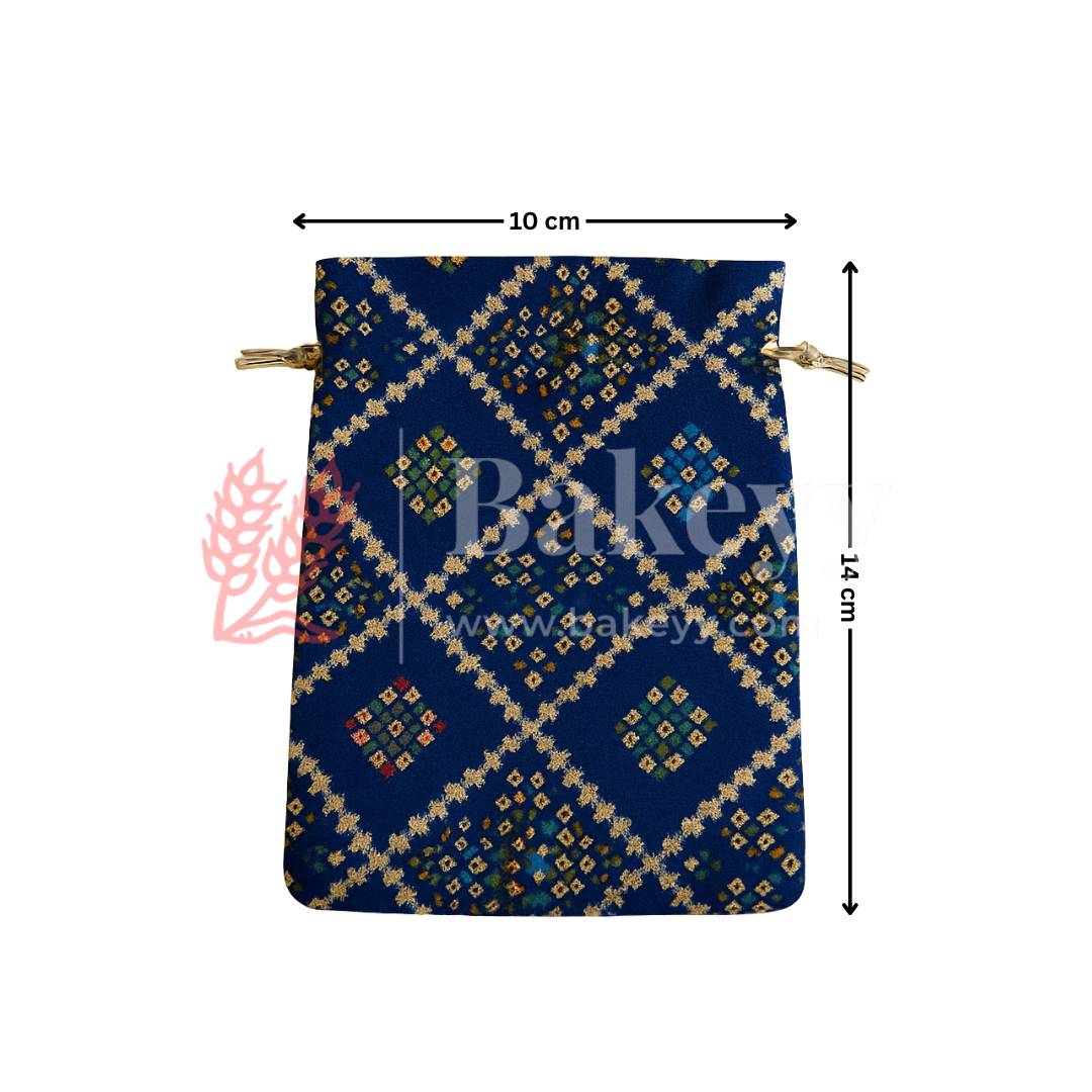 Bandhini Print Potli Bag with Drawstring – Festive Gift Pouch | Navy Blue | Pack of 10
