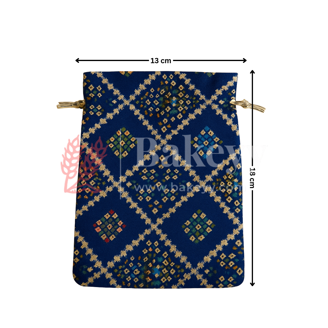 Bandhini Print Potli Bag with Drawstring – Festive Gift Pouch | Navy Blue | Pack of 10