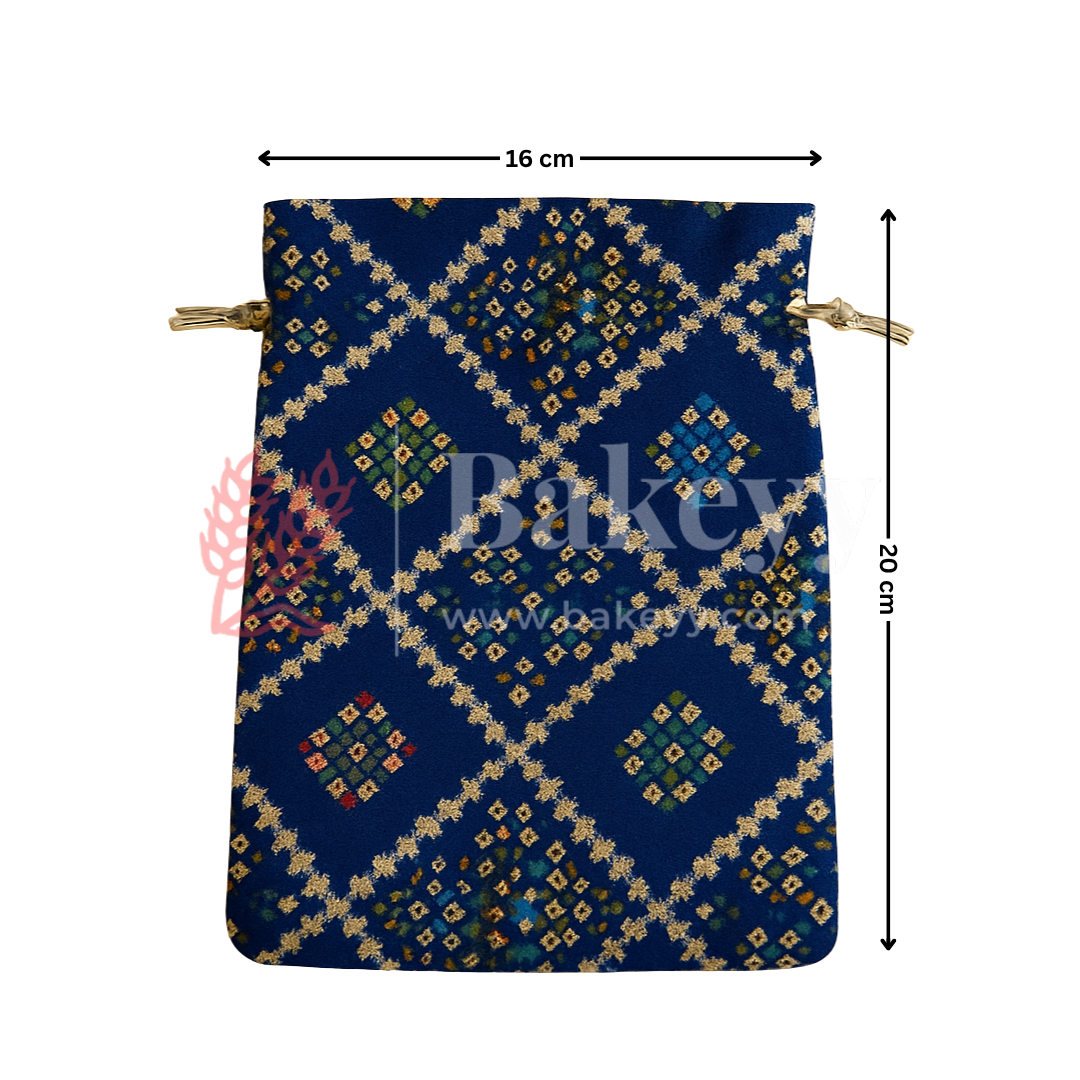 Bandhini Print Potli Bag with Drawstring – Festive Gift Pouch | Navy Blue | Pack of 10