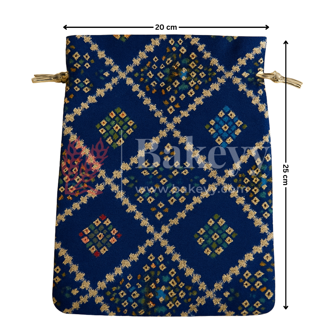 Bandhini Print Potli Bag with Drawstring – Festive Gift Pouch | Navy Blue | Pack of 10