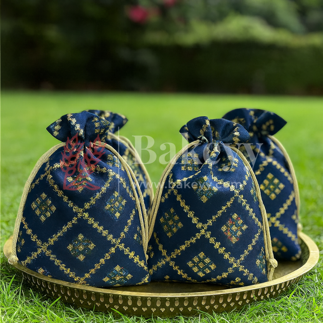 Bandhini Print Potli Bag with Drawstring – Festive Gift Pouch | Navy Blue | Pack of 10