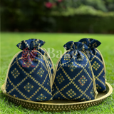 Bandhini Print Potli Bag with Drawstring – Festive Gift Pouch | Navy Blue | Pack of 10