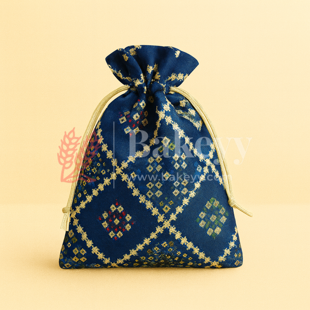 Bandhini Print Potli Bag with Drawstring – Festive Gift Pouch | Navy Blue | Pack of 10