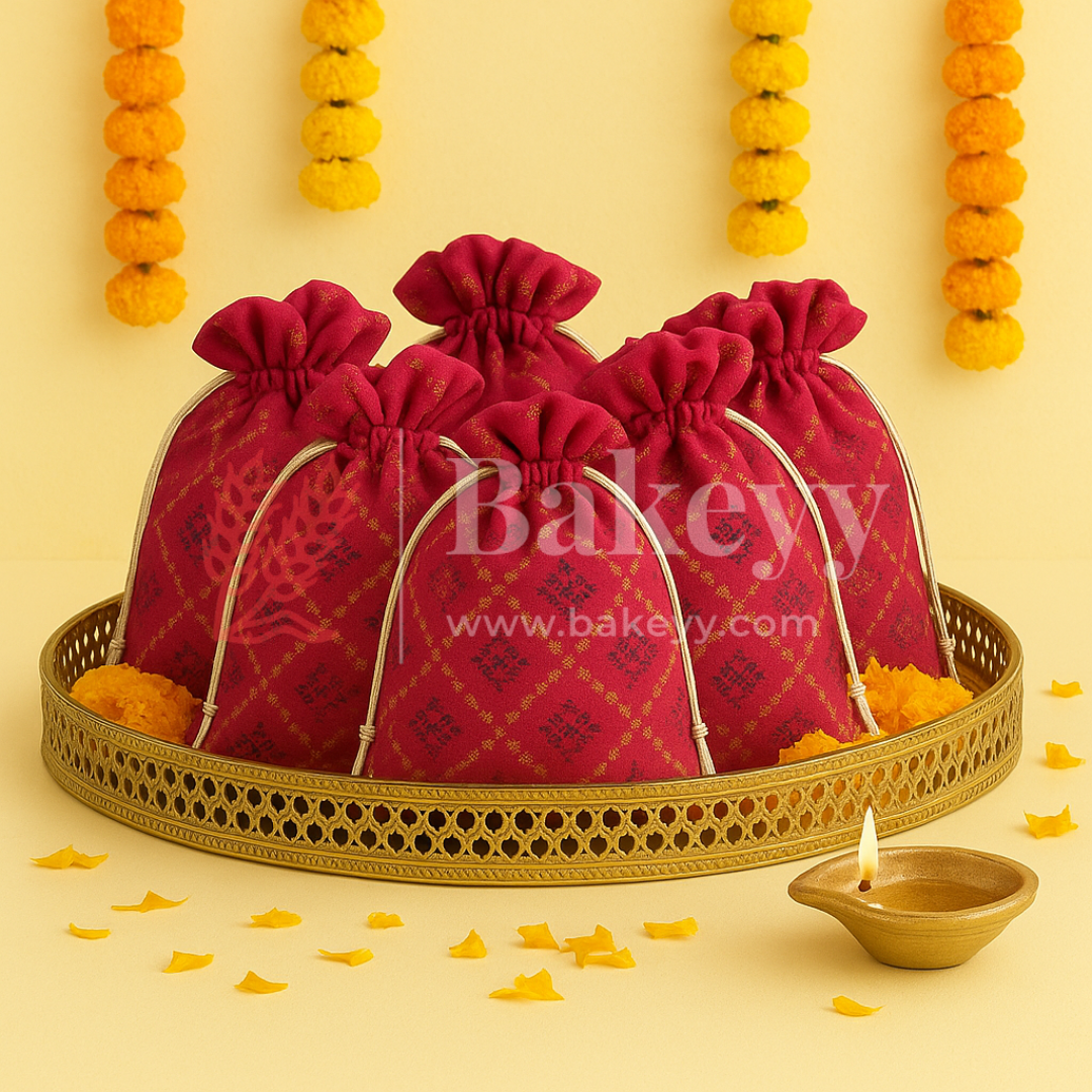 Bandhini Print Potli Bag with Drawstring – Festive Gift Pouch | Dark Pink | Pack of 10