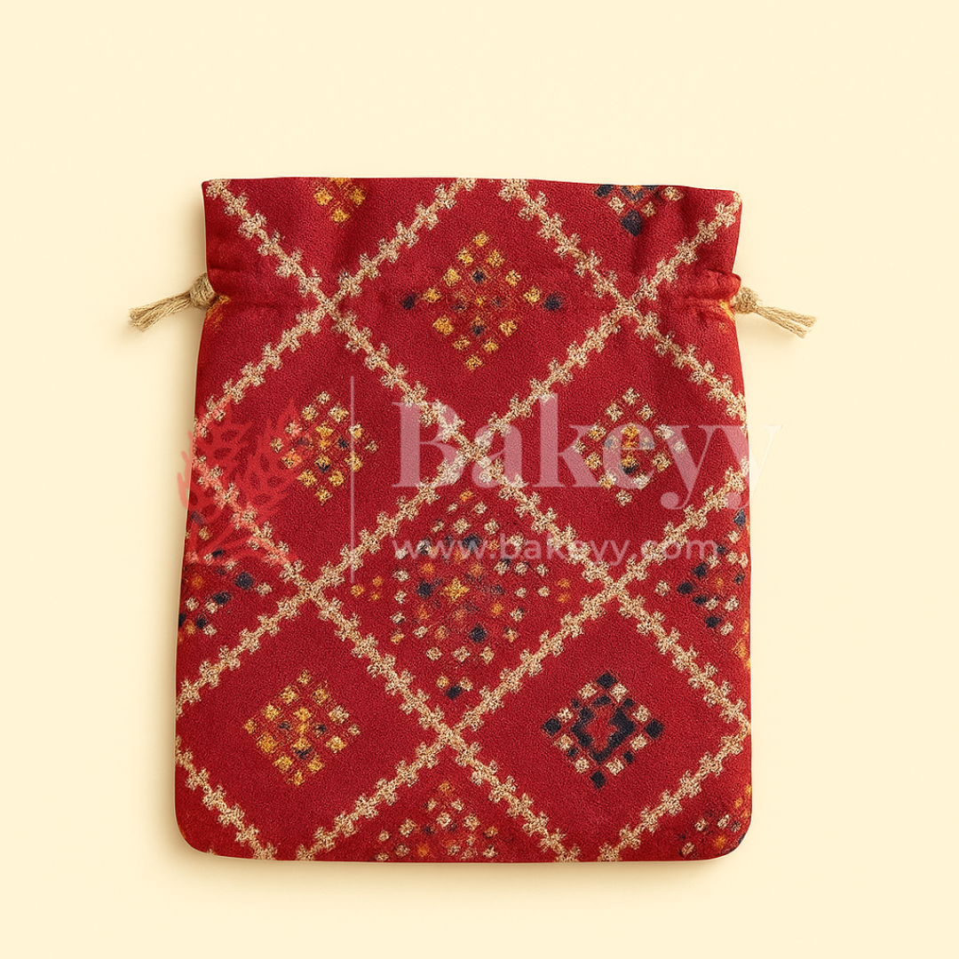 Bandhini Print Potli Bag with Drawstring – Festive Gift Pouch | Dark Pink | Pack of 10