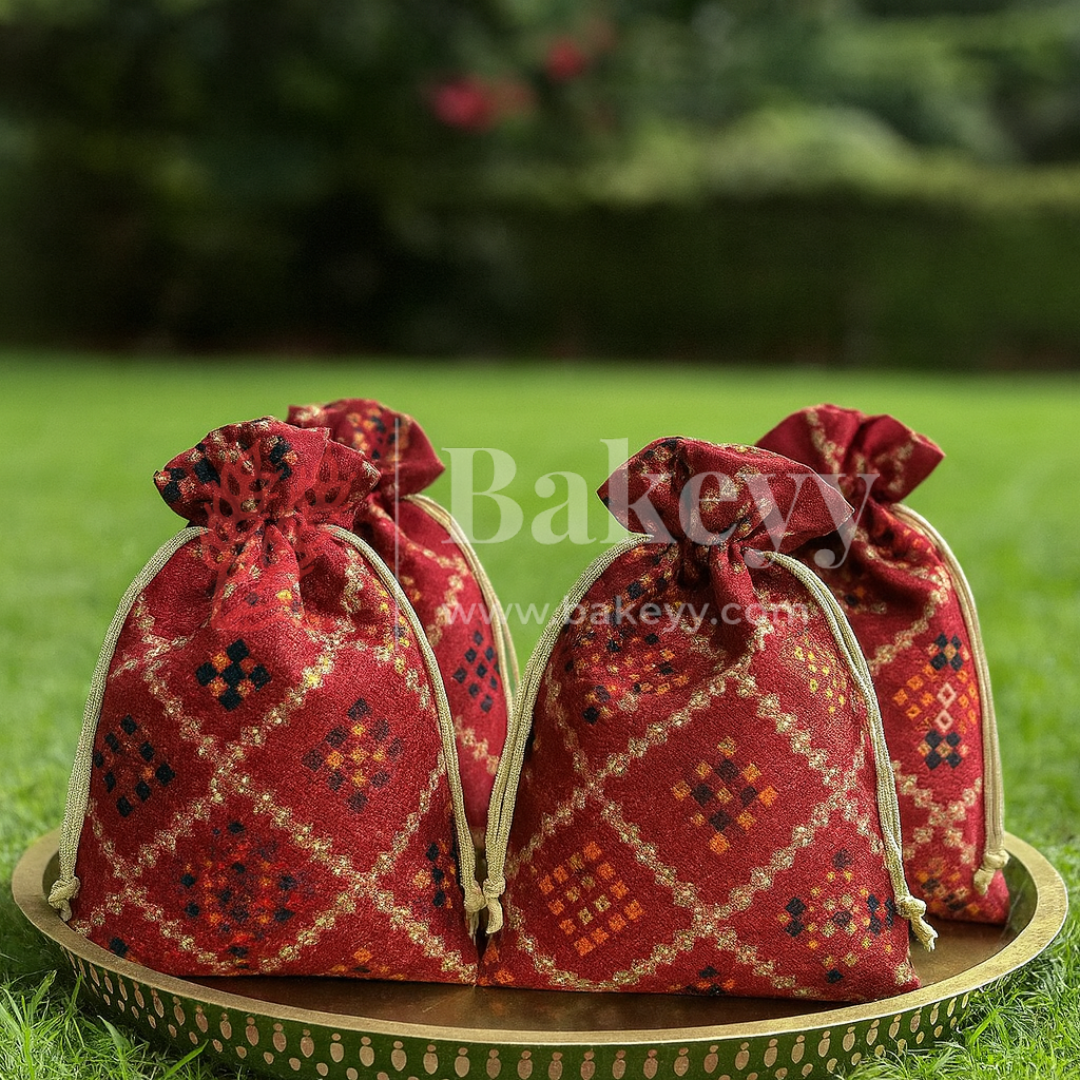 Bandhini Print Potli Bag with Drawstring – Festive Gift Pouch | Red | Pack of 10
