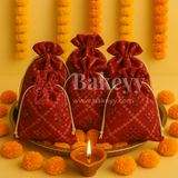 Bandhini Print Potli Bag with Drawstring – Festive Gift Pouch | Red | Pack of 10