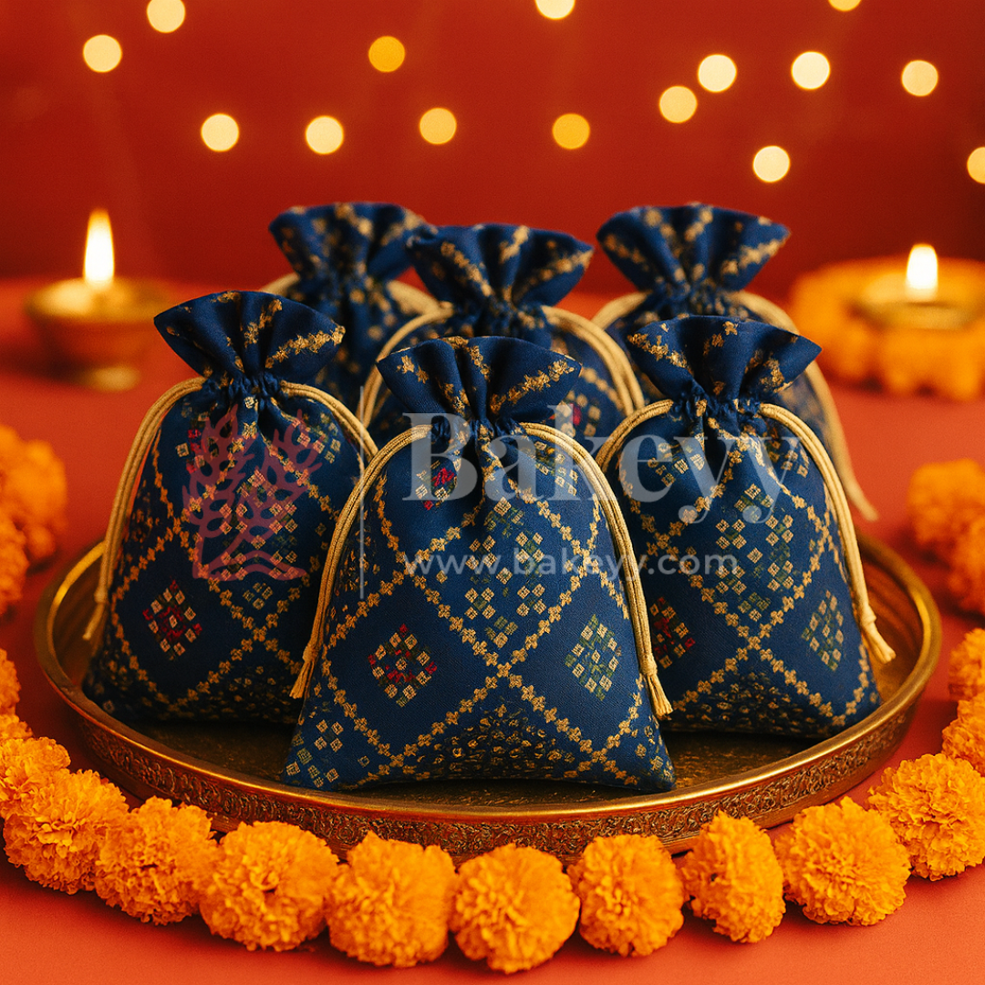 Bandhini Print Potli Bag with Drawstring – Festive Gift Pouch | Navy Blue | Pack of 10