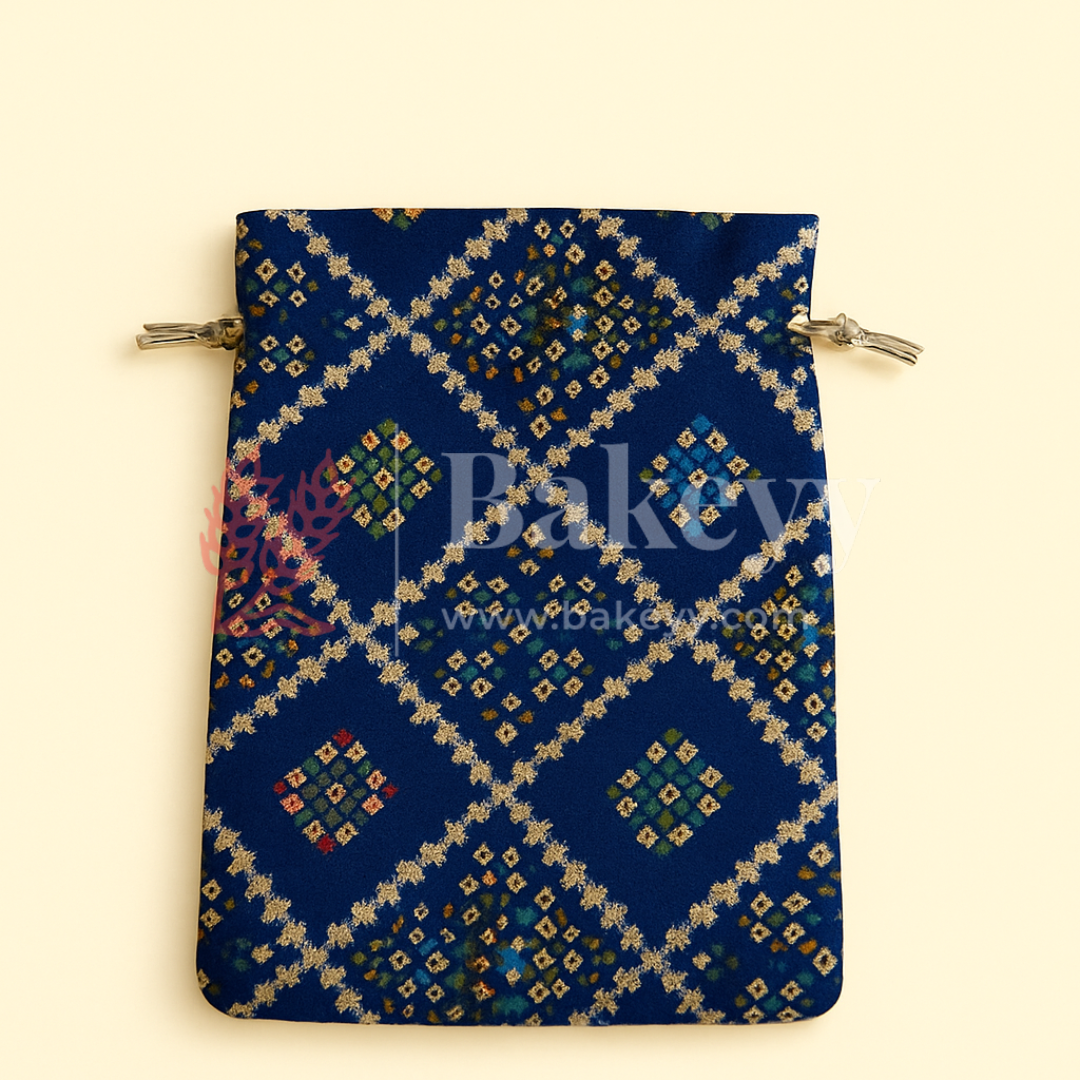 Bandhini Print Potli Bag with Drawstring – Festive Gift Pouch | Navy Blue | Pack of 10