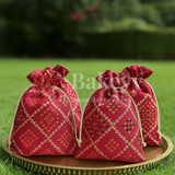 Bandhini Print Potli Bag with Drawstring – Festive Gift Pouch | Dark Pink | Pack of 10