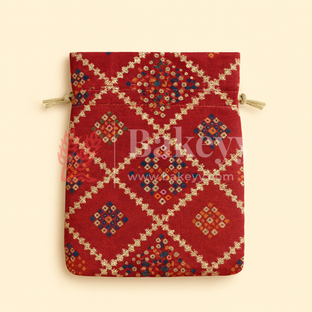 Bandhini Print Potli Bag with Drawstring – Festive Gift Pouch | Red | Pack of 10