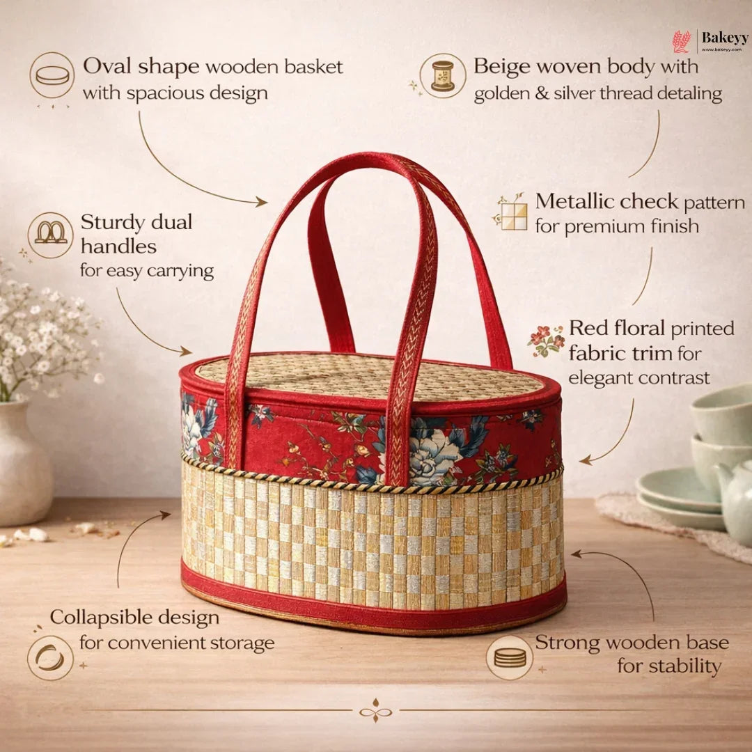 BeigeWoodenOvalBasketwithMetallicWeave - Bakeyy.com