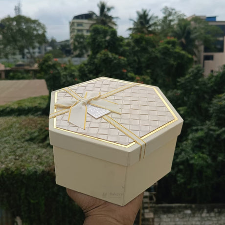 Beige Hexagon Gift Box with Ribbon | Luxury Rigid Hamper & Chocolate Packaging Box | Available in 3 Sizes | Pack of 1