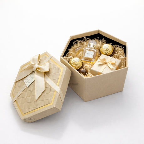 Beige Hexagon Gift Box with Ribbon | Luxury Rigid Hamper & Chocolate Packaging Box | Available in 3 Sizes | Pack of 1