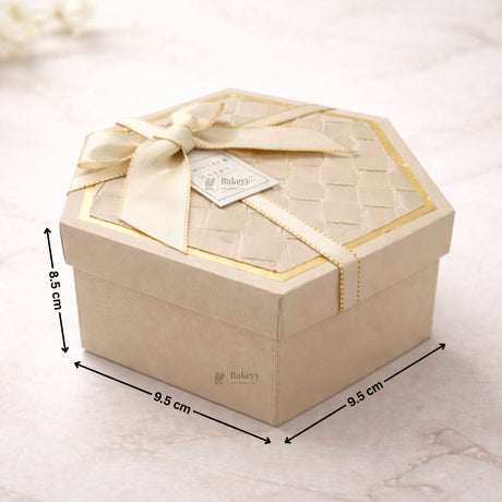 Beige Hexagon Gift Box with Ribbon | Luxury Rigid Hamper & Chocolate Packaging Box | Available in 3 Sizes | Pack of 1
