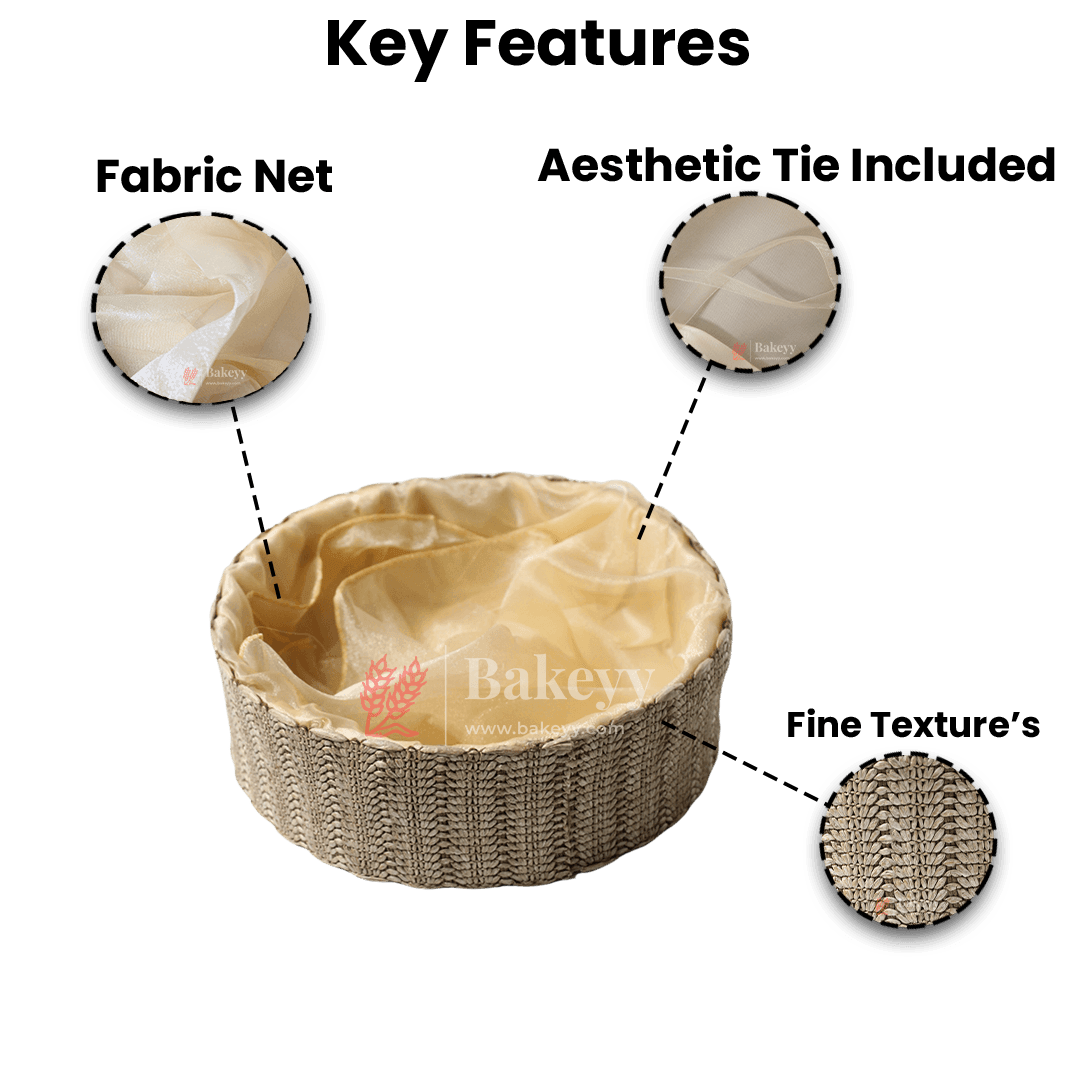 Beige Round Gift Basket | Natural Textured Hamper with Satin Lining - Bakeyy.com - India - Beige Round Gift Basket | Natural Textured Hamper with Satin Lining - Small