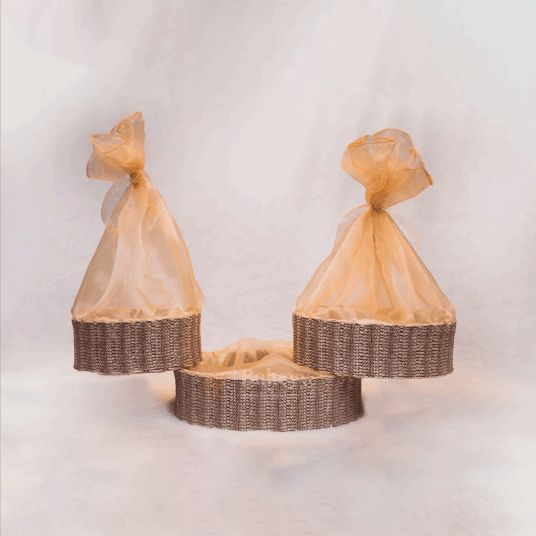 Beige Round Gift Basket | Natural Textured Hamper with Satin Lining - Bakeyy.com - India - Beige Round Gift Basket | Natural Textured Hamper with Satin Lining - Small