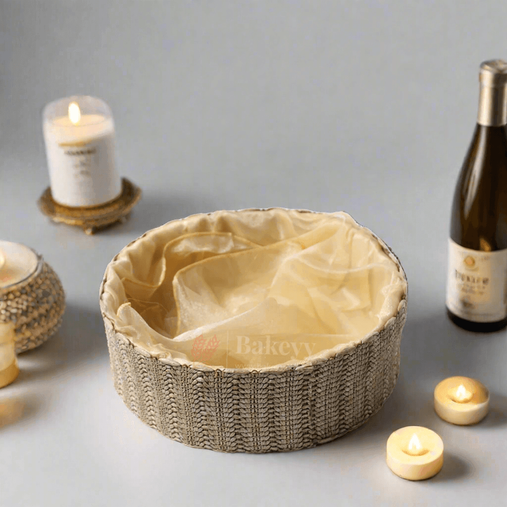 Beige Round Gift Basket | Natural Textured Hamper with Satin Lining - Bakeyy.com - India - Beige Round Gift Basket | Natural Textured Hamper with Satin Lining - Small