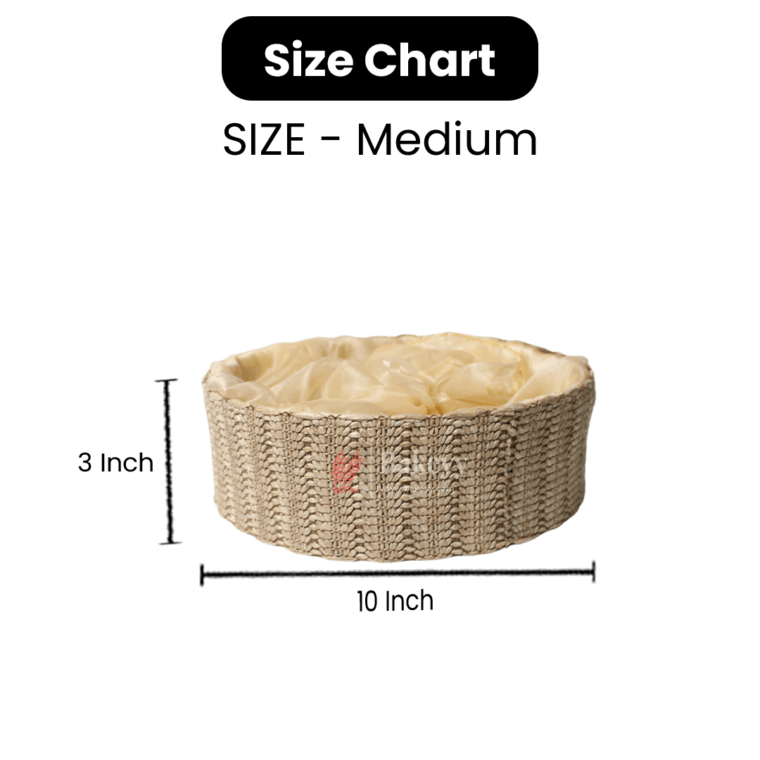 Beige Round Gift Basket | Natural Textured Hamper with Satin Lining - Bakeyy.com - India - Beige Round Gift Basket | Natural Textured Hamper with Satin Lining - Small