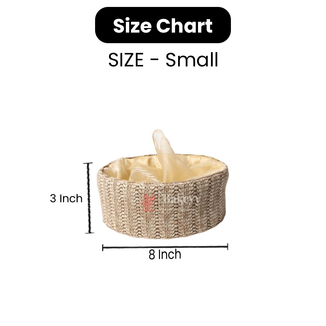 Beige Round Gift Basket | Natural Textured Hamper with Satin Lining - Bakeyy.com - India - Beige Round Gift Basket | Natural Textured Hamper with Satin Lining - Small