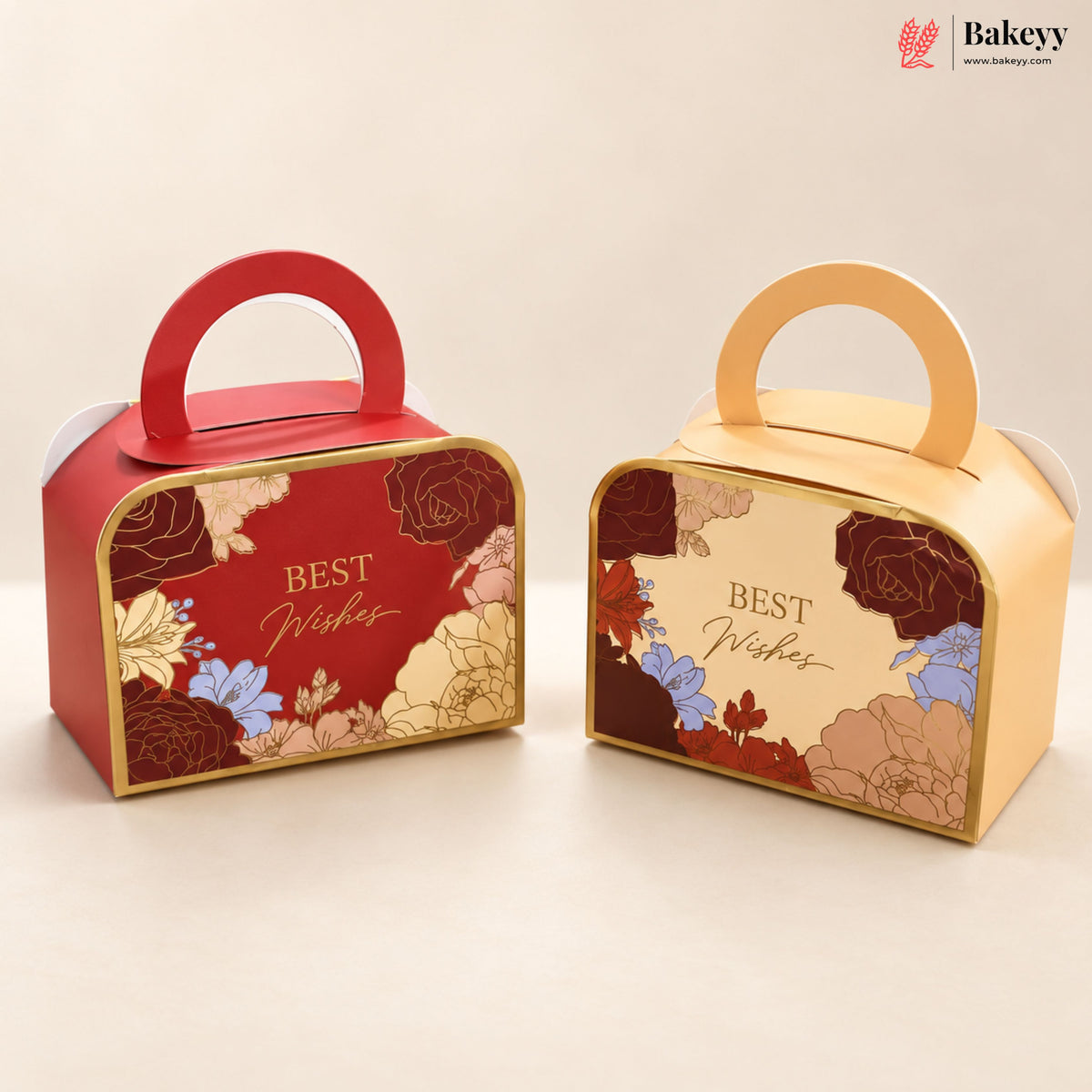 Two decorative gift boxes with handles on a light beige background. The left box is red with gold floral patterns and the words 'BEST Wishes' in gold script.