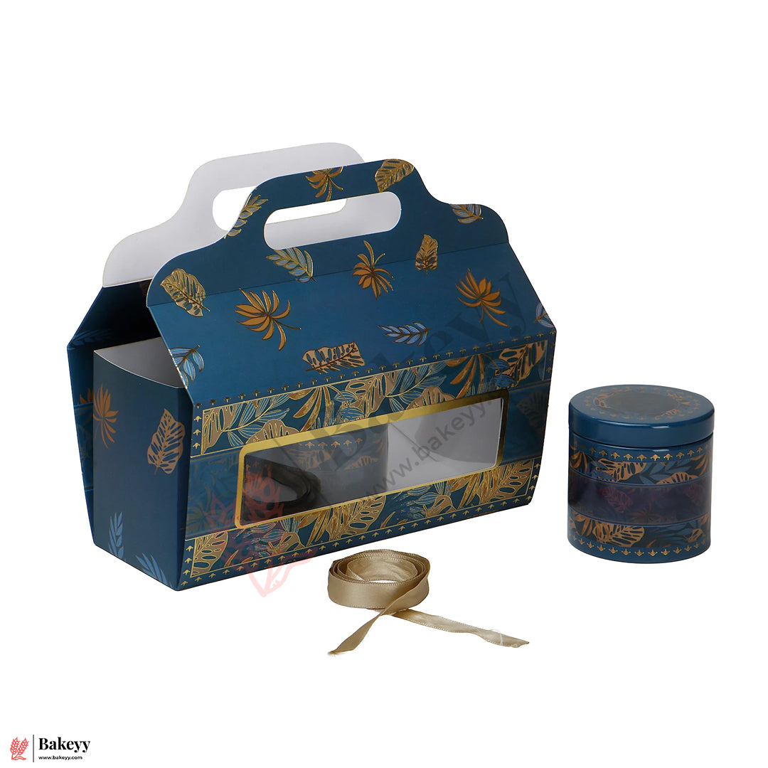 10x9x3.75 Inge Premium Navy Blue & Gold Gift Box with 3 Tins | Luxury Festive Hamper Packaging | Pack Of 10