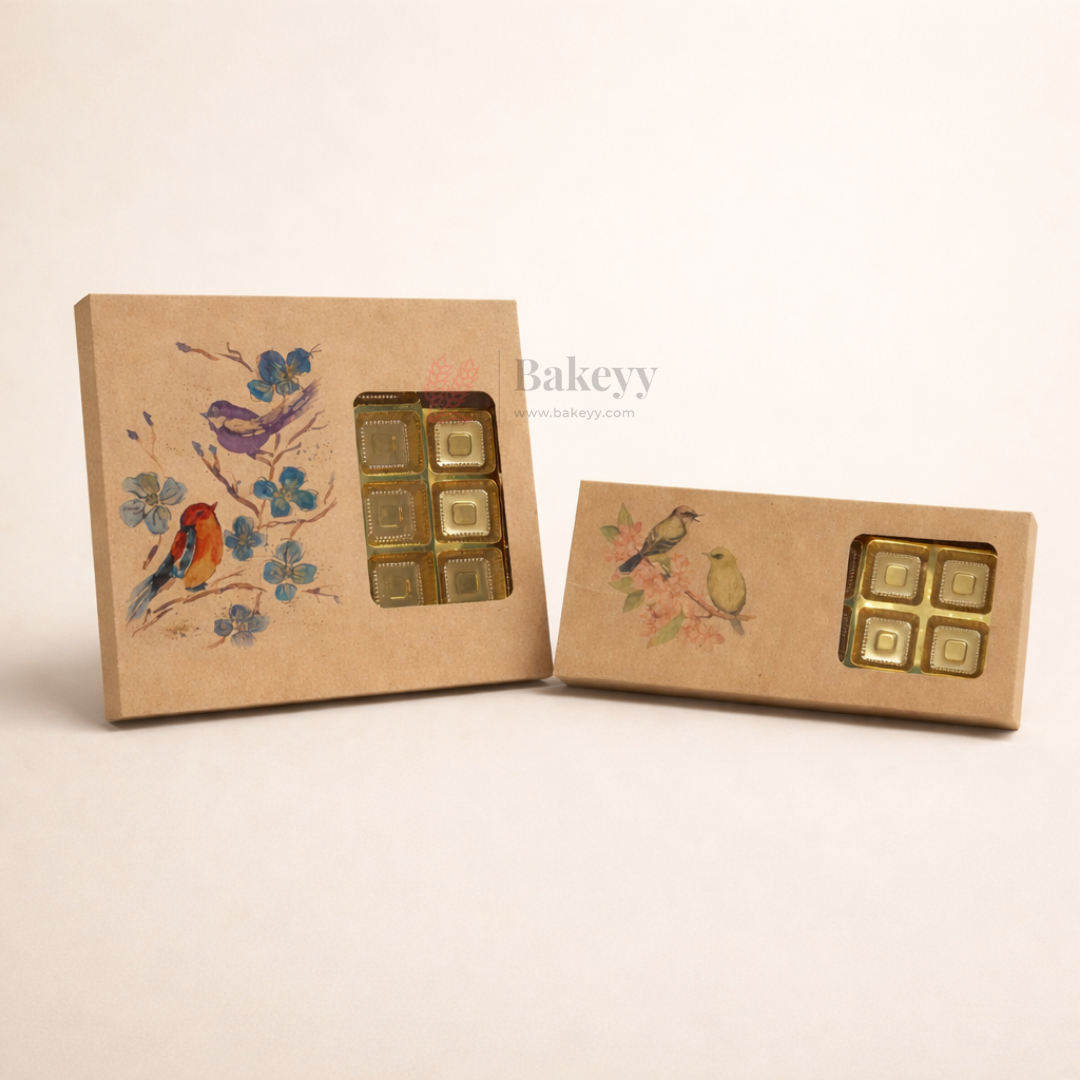 Bird Print Kraft Chocolate Box with Window | Gold Cavity Tray | Pack of 10