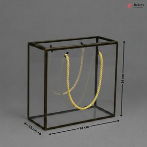 Glass display case with a yellow rope inside, on a gray background