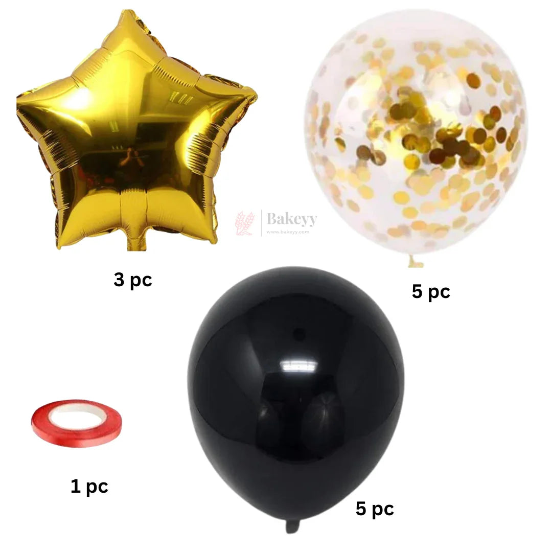 Black & Gold Balloon Decoration Set  Gold Star Foil Balloons with Black Latex & Gold Confetti Balloons  Party Decor Combo Kit  14 Pcs Set  Pack of 1
