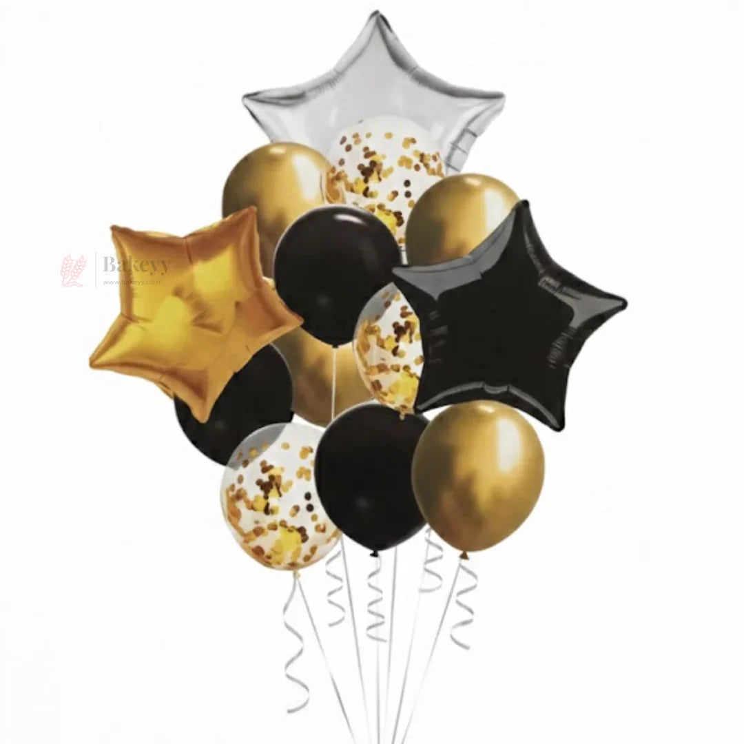 Black Gold Silver Star Balloon Decoration Set | Foil Star Balloons with Black & Gold Metallic + Gold Confetti Balloons | Party Decor Combo Kit | 13 Pcs Set | Pack of 1
