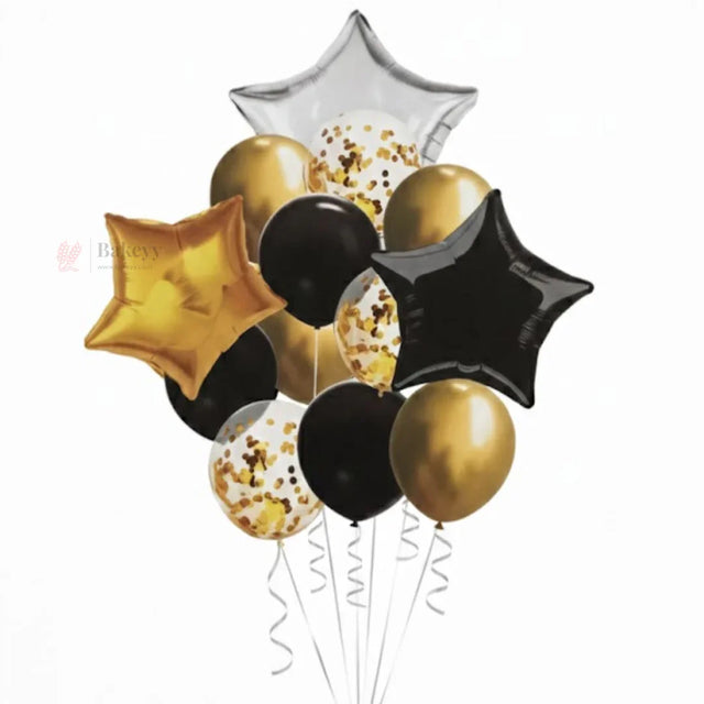 Black Gold Silver Star Balloon Decoration Set | Foil Star Balloons with Black & Gold Metallic + Gold Confetti Balloons | Party Decor Combo Kit | 13 Pcs Set | Pack of 1