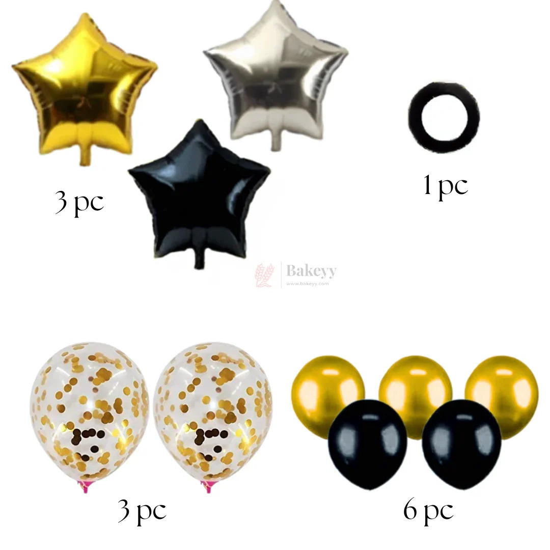 Black Gold Silver Star Balloon Decoration Set | Foil Star Balloons with Black & Gold Metallic + Gold Confetti Balloons | Party Decor Combo Kit | 13 Pcs Set | Pack of 1