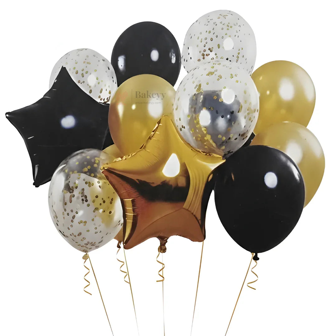 Black & Gold Star Balloon Decoration Set | Star Foil Balloons with Black/Gold Metallic & Gold Confetti Balloons | Party Decor Combo Kit | 13 Pcs Set | Pack of 1
