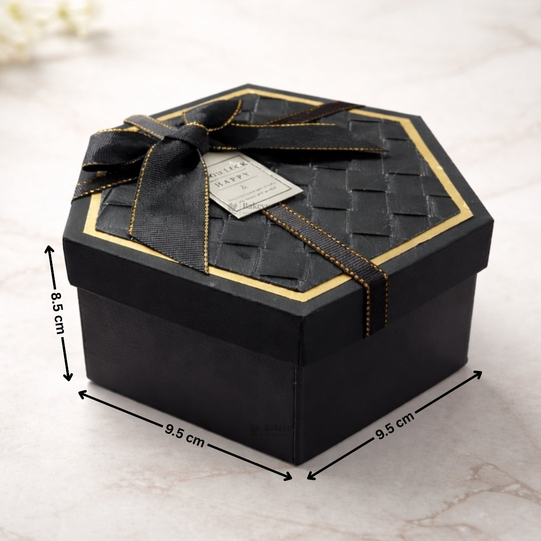 Black Hexagon Gift Box with Ribbon | Luxury Rigid Hamper & Chocolate Packaging Box | Available in 3 Sizes | Pack of 1