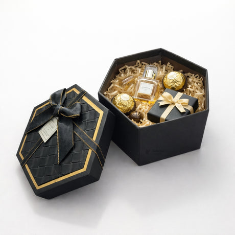 Black Hexagon Gift Box with Ribbon | Luxury Rigid Hamper & Chocolate Packaging Box | Available in 3 Sizes | Pack of 1