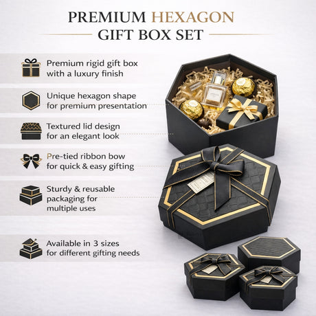 Black Hexagon Gift Box with Ribbon | Luxury Rigid Hamper & Chocolate Packaging Box | Available in 3 Sizes | Pack of 1